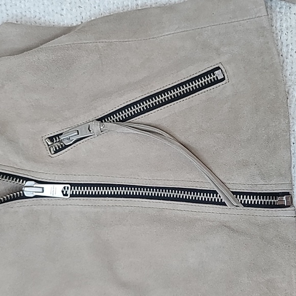 All Saints Dalby Slim Fit Cropped Suede Leather Biker Jacket in Taupe - Picture 11 of 17